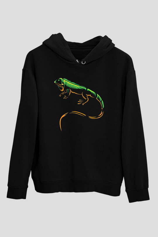 İguana Baskılı Unisex Siyah Hoodie