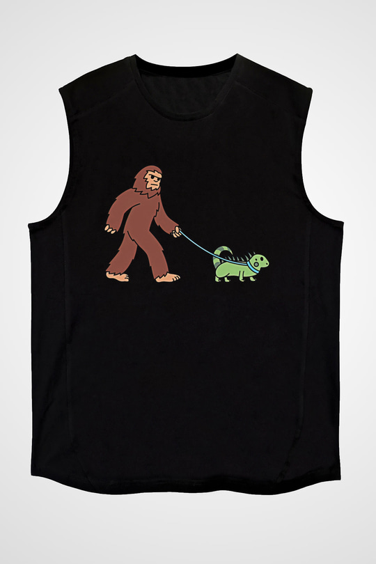 İguana Baskılı Unisex Siyah Kolsuz Tişört - Tshirt