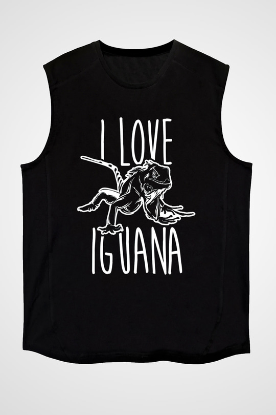 İguana Baskılı Unisex Siyah Kolsuz Tişört - Tshirt