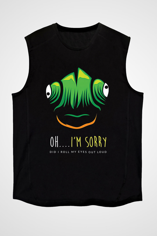 İguana Baskılı Unisex Siyah Kolsuz Tişört - Tshirt
