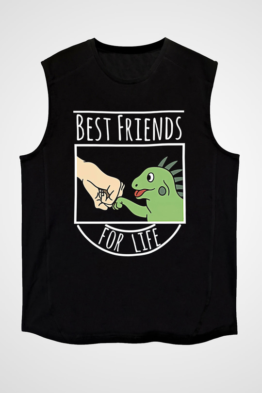 İguana Baskılı Unisex Siyah Kolsuz Tişört - Tshirt