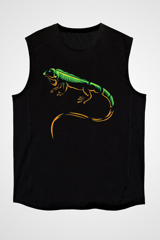 İguana Baskılı Unisex Siyah Kolsuz Tişört - Tshirt