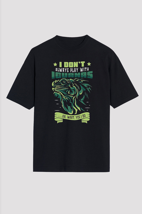 İguana Baskılı Unisex Siyah Oversize Tişört - Tshirt