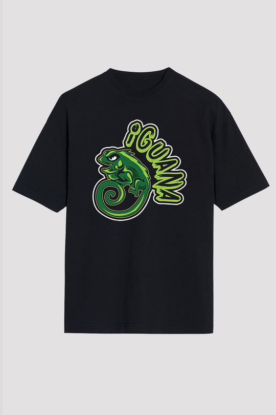 İguana Baskılı Unisex Siyah Oversize Tişört - Tshirt
