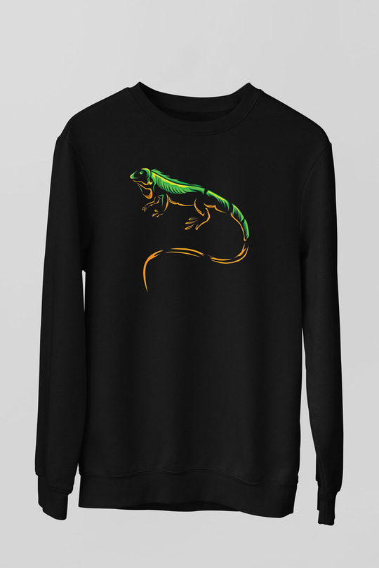 İguana Baskılı Unisex Siyah Sweatshirt
