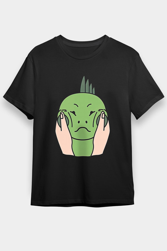 İguana Baskılı Unisex Siyah Tişört - Tshirt