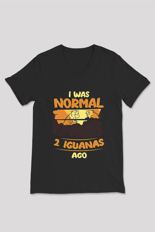 İguana Baskılı Unisex Siyah V Yaka Tişört - Tshirt