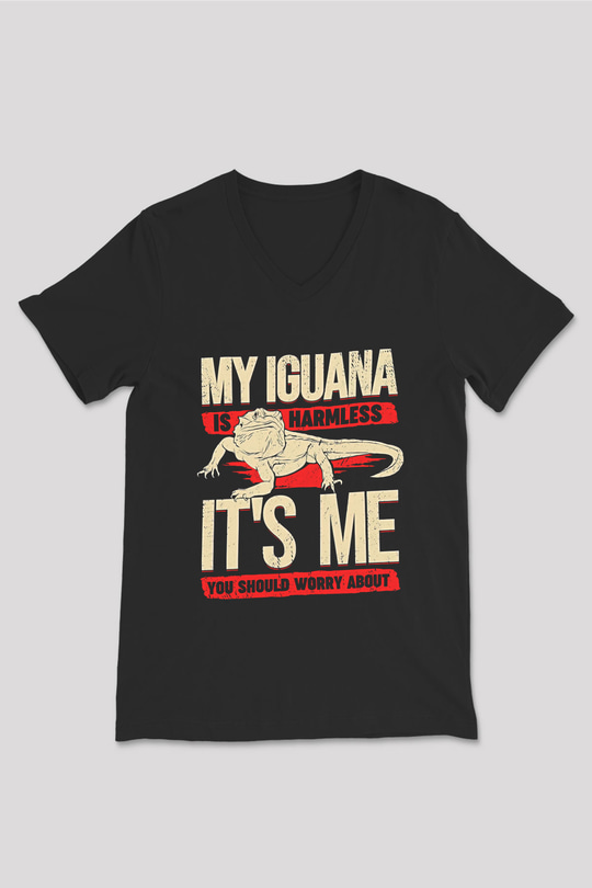 İguana Baskılı Unisex Siyah V Yaka Tişört - Tshirt