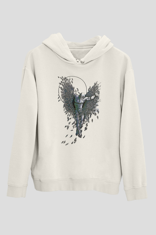 İkarus Baskılı Beyaz Unisex Hoodie