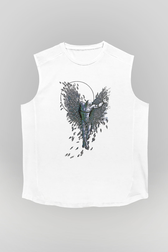 İkarus Baskılı Beyaz Unisex Kolsuz Tişört - Tshirt