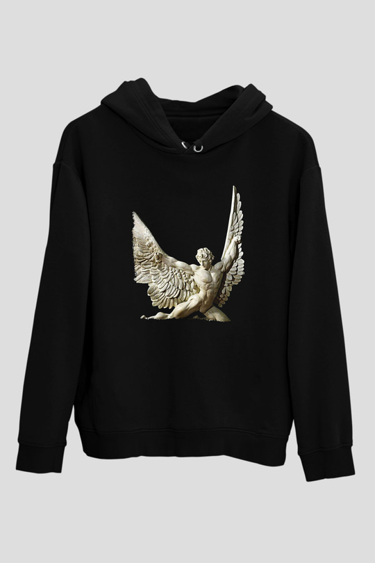İkarus Baskılı Unisex Siyah Hoodie