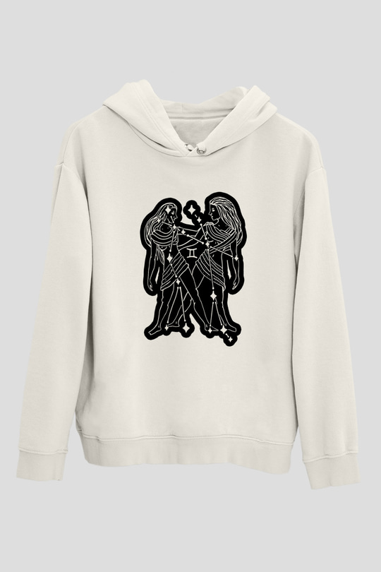 İkizler Burcu Baskılı Beyaz Unisex Hoodie