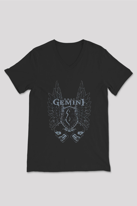 İkizler Burcu Baskılı Unisex Siyah V Yaka Tişört - Tshirt