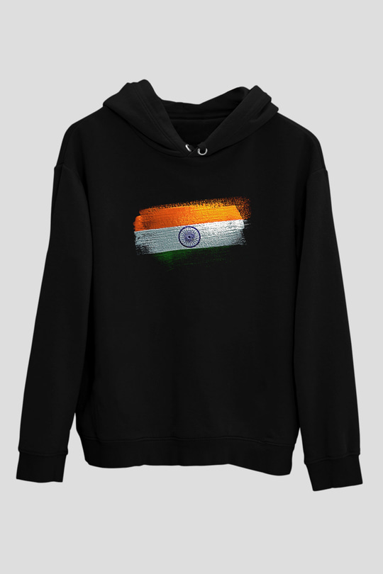İndia - İndia Bayrağı Baskılı Unisex Siyah Hoodie