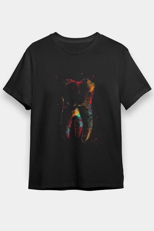 İnsan Dişi Renkli Baskılı Unisex Siyah Tişört - Tshirt