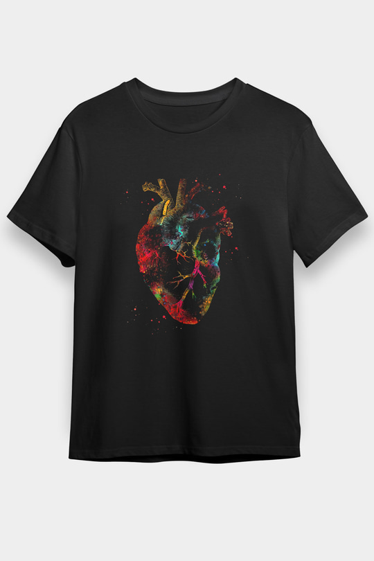 İnsan Kalbi Baskılı Unisex Siyah Tişört - Tshirt