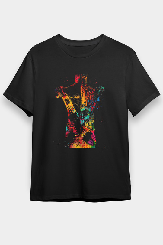 İnsan Kas Yapısı Renkli Baskılı Unisex Siyah Tişört - Tshirt