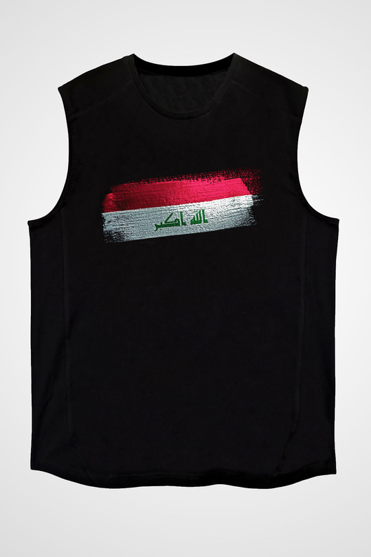 Irak - İraq Bayrağı Baskılı Unisex Siyah Kolsuz Tişört