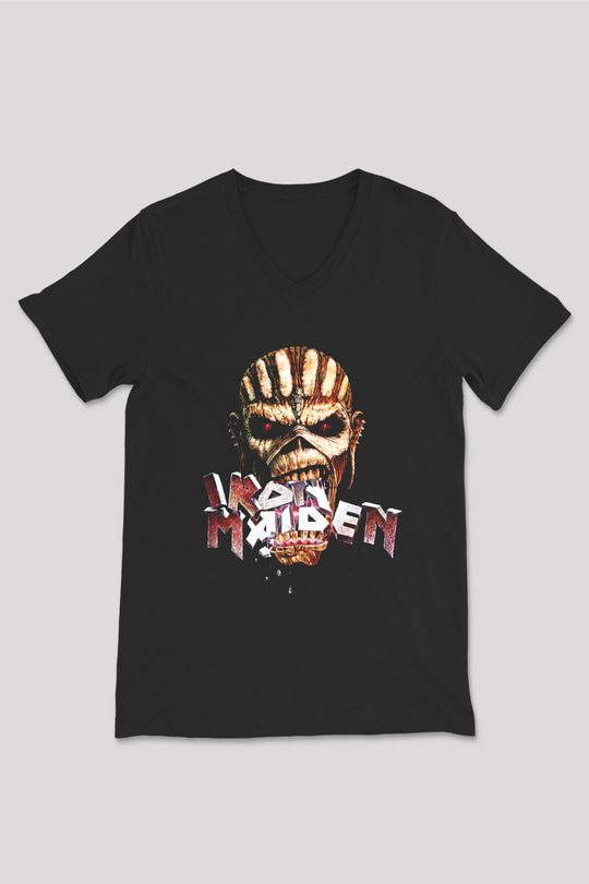 Iron Maiden Siyah Unisex V Yaka Tişört T-Shirt