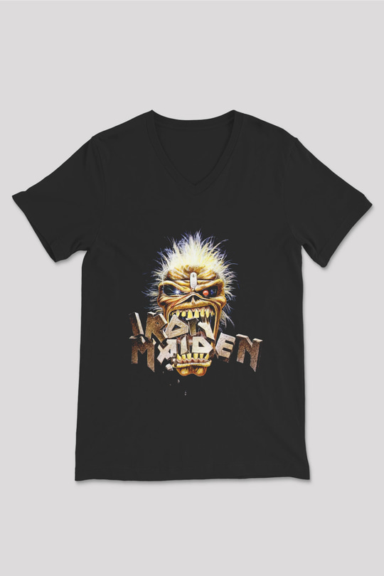 Iron Maiden Siyah Unisex V Yaka Tişört T-Shirt