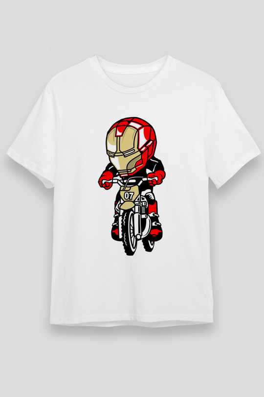 Iron Man Biker Baskılı Unisex Beyaz Tişört