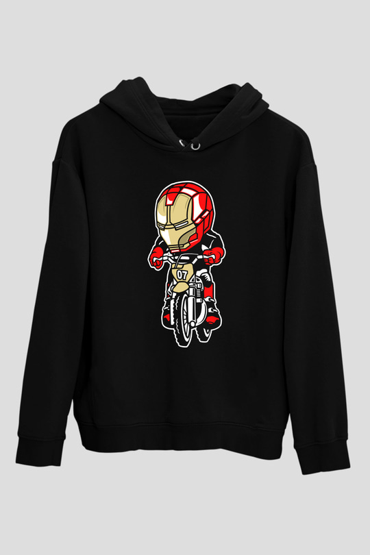 Iron Man Biker Baskılı Unisex Siyah Hoodie