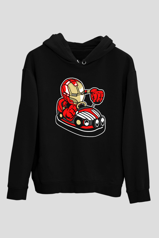 Iron Man Car Toy Baskılı Unisex Siyah Hoodie