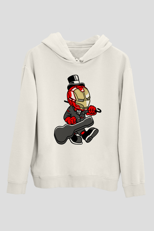 Iron Man Gentleman Baskılı Unisex Beyaz Hoodie