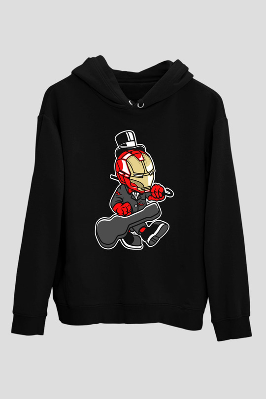 Iron Man Gentleman Baskılı Unisex Siyah Hoodie