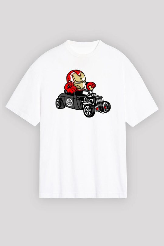 Iron Man Hotrod Baskılı Unisex Beyaz Oversize Tişört