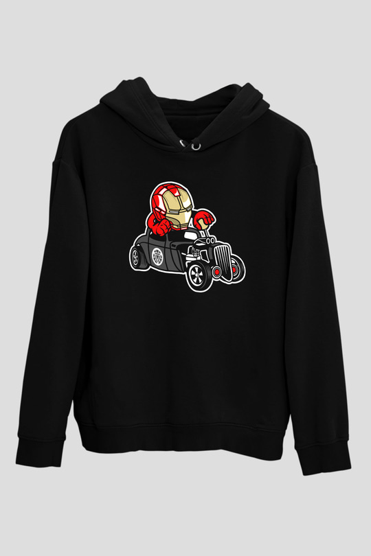 Iron Man Hotrod Baskılı Unisex Siyah Hoodie