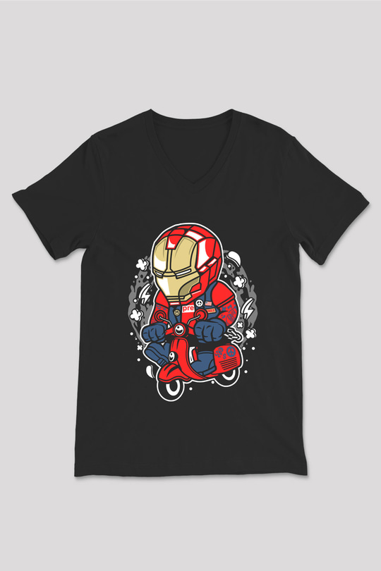Iron Man Scooter Baskılı Unisex Siyah V Yaka Tişört