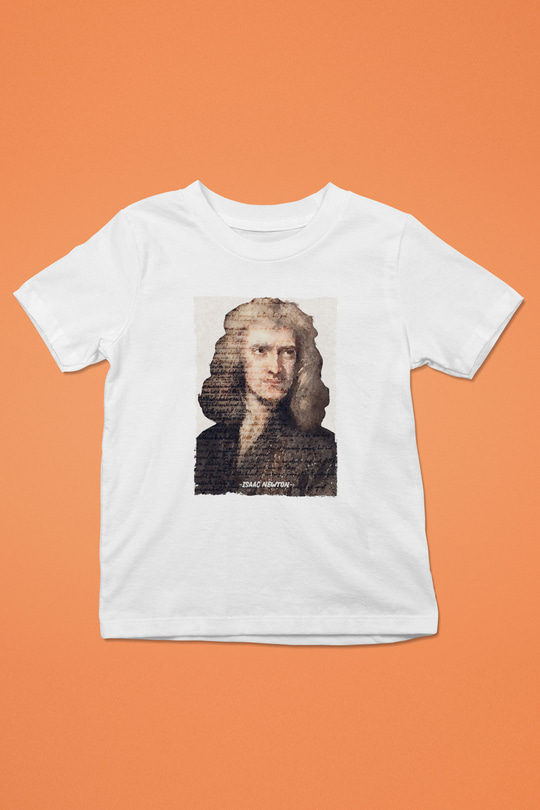 Isaac Newton Yazılı Portre Baskılı Unisex Beyaz Çocuk Tişörtü - Tshirt
