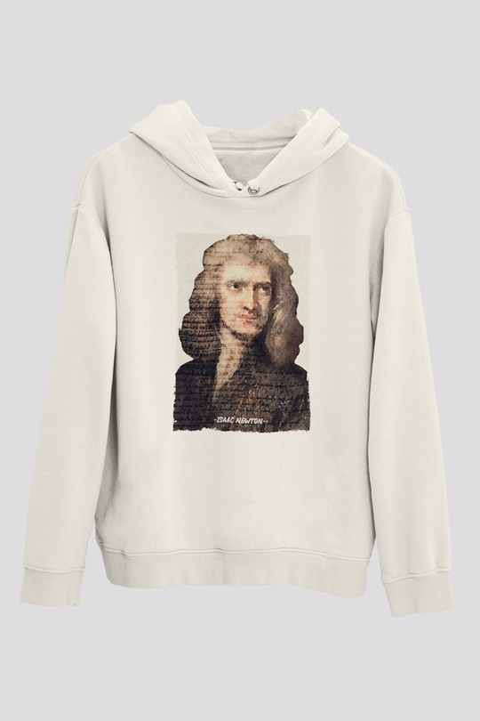 Isaac Newton Yazılı Portre Baskılı Unisex Ekru Hoodie