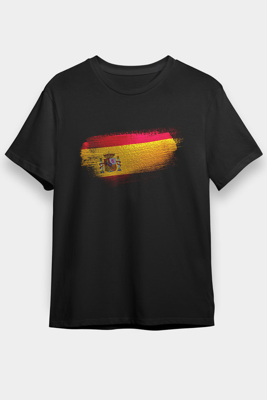 İspanya - Spain Bayrağı Baskılı Unisex Siyah Tişört