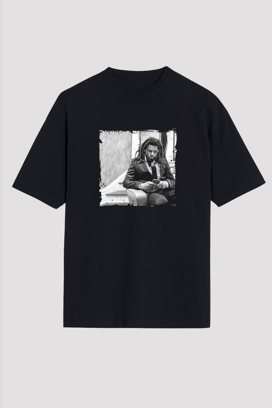 J. Cole Baskılı Unisex Oversize Siyah Tişört