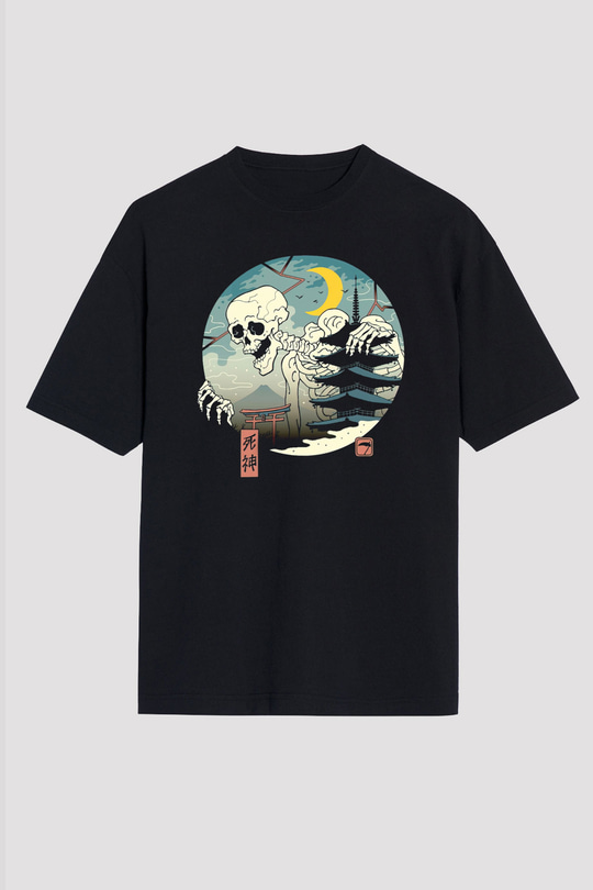 Japonya İskelet Baskılı Unisex Siyah Tişört