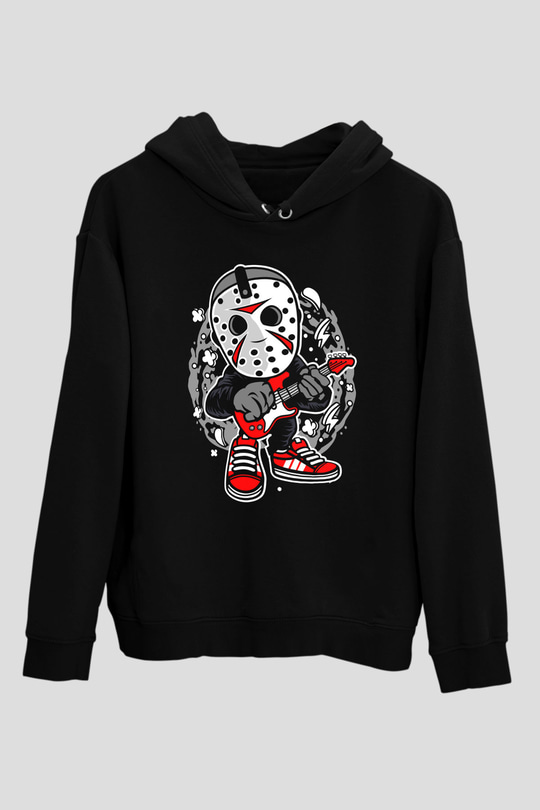 Jason Rockstar Baskılı Unisex Siyah Hoodie