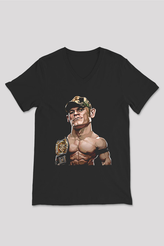 John Cena Baskılı Unisex Siyah V Yaka Tişört - Tshirt