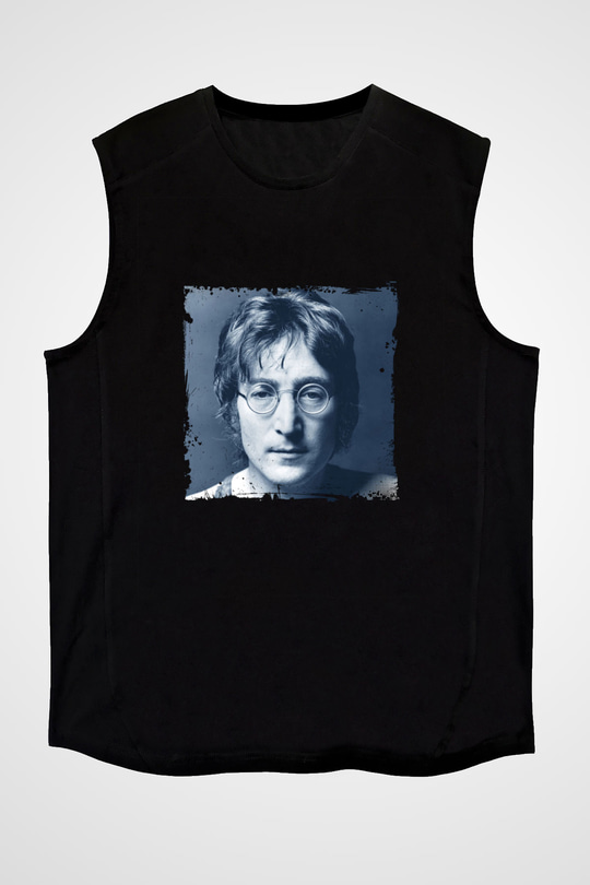 John Lennon Baskılı Unisex Siyah Kolsuz Tişört