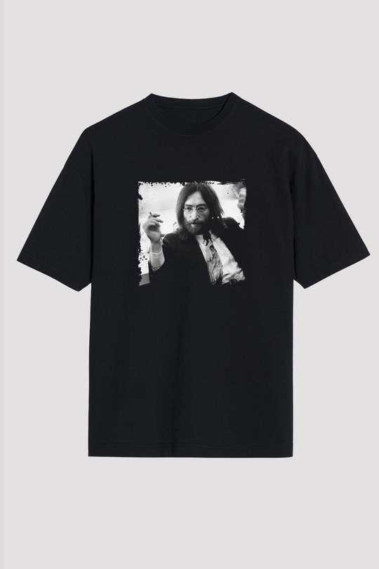 John Lennon Baskılı Unisex Siyah Oversize Tişört