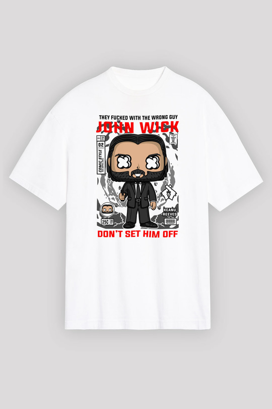 John Wick Baskılı Unisex Beyaz Oversize Tişört