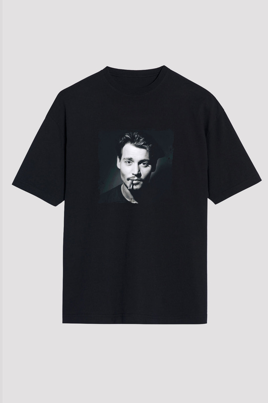 Johnny Depp Baskılı Unisex Siyah Oversize Tişört