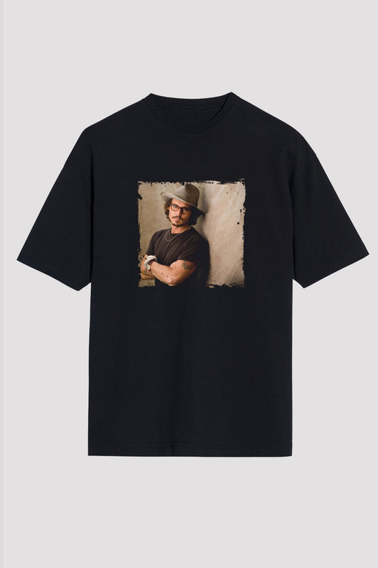 Johnny Depp Baskılı Unisex Siyah Oversize Tişört
