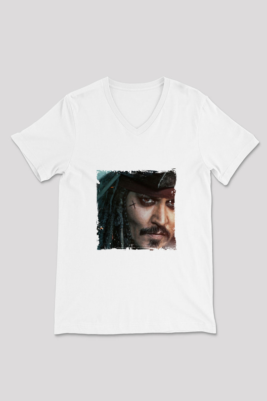 Johnny Depp Baskılı V Yaka Unisex Beyaz Tişört
