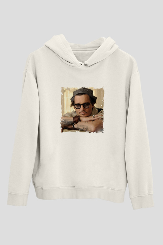 Johnny Depp Unisex Baskılı Beyaz Kapüşonlu Sweatshirt