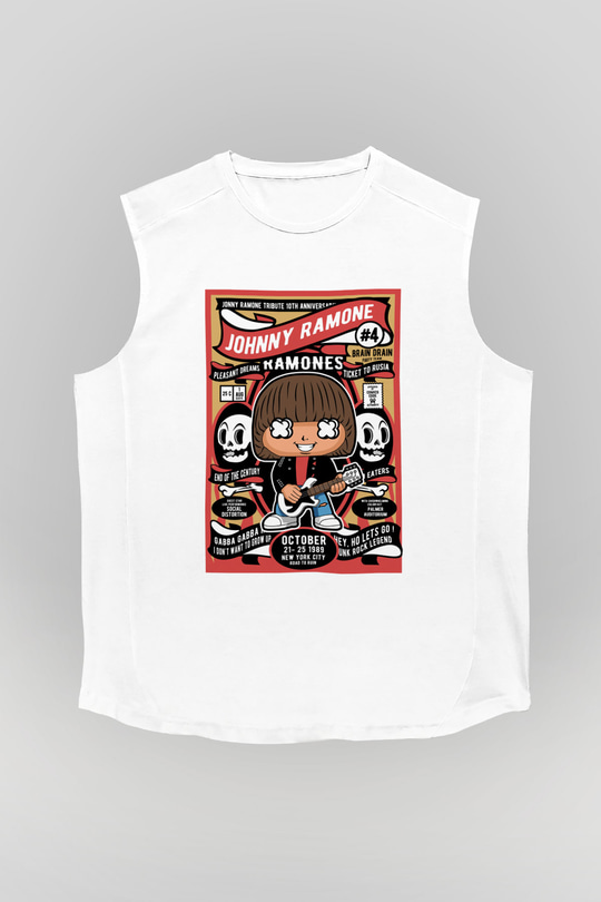 Johny Ramones Baskılı Unisex Beyaz Kolsuz Tişört