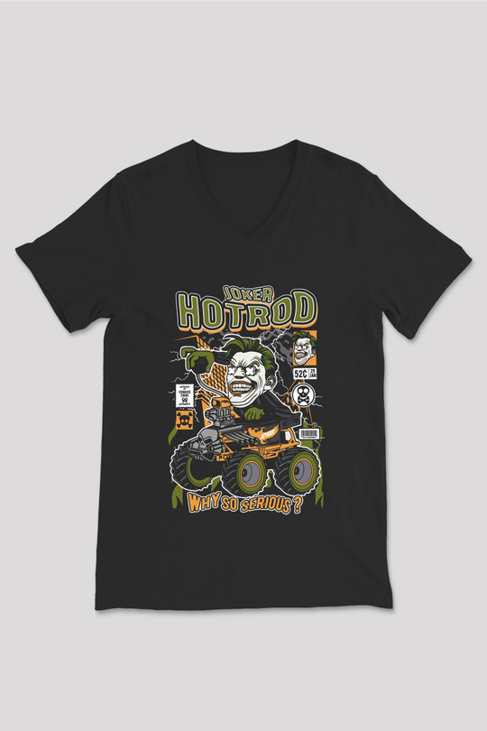 Joker Hotrod Baskılı Unisex Siyah V Yaka Tişört