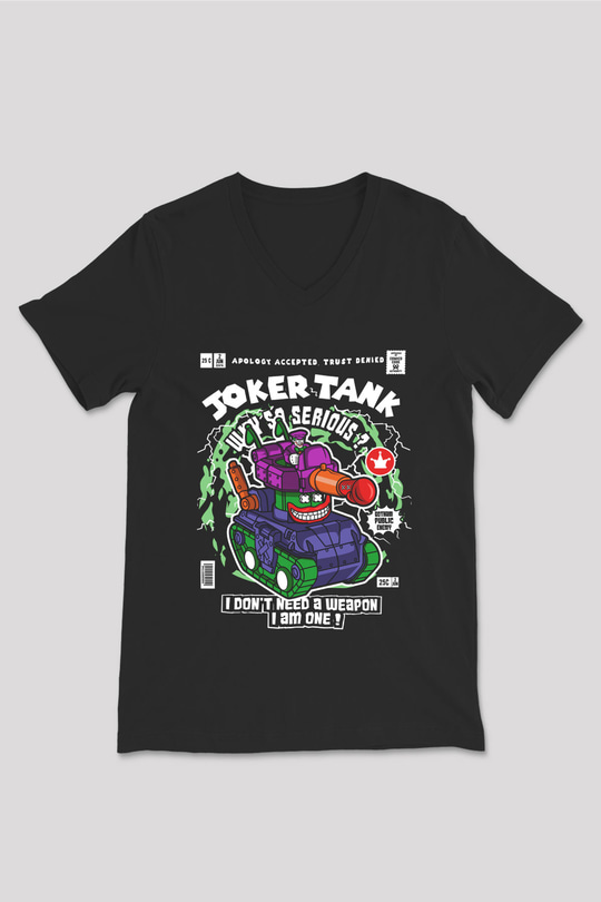 Joker Tank Baskılı Unisex Siyah V Yaka Tişört