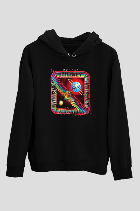 Journey Baskılı Unisex Siyah Kapüşonlu Sweatshirt